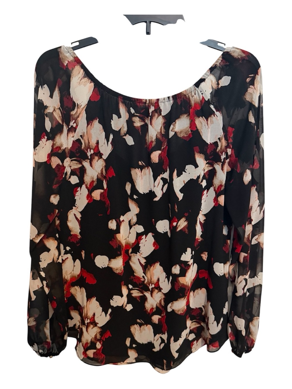 White House Black Market Black Floral Tie-Neck Sheer Blouse - Picture 4 of 5
